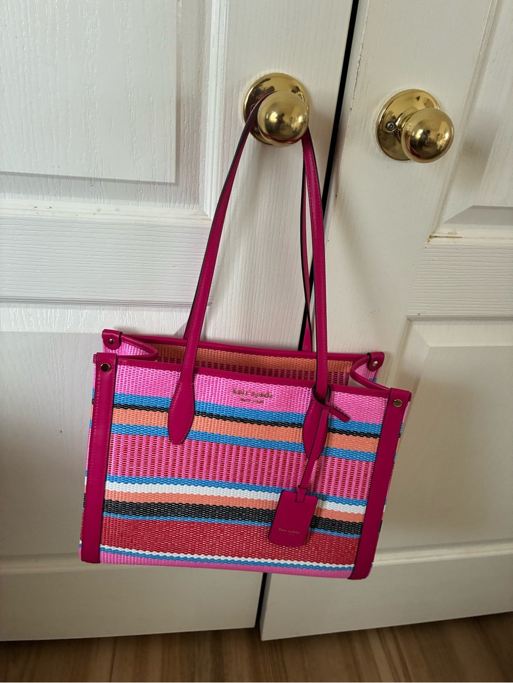 Kate Spade Market Woven Stripe Medium Tote Pink Multicolor w/ Dust Bag - Picture 2 of 4
